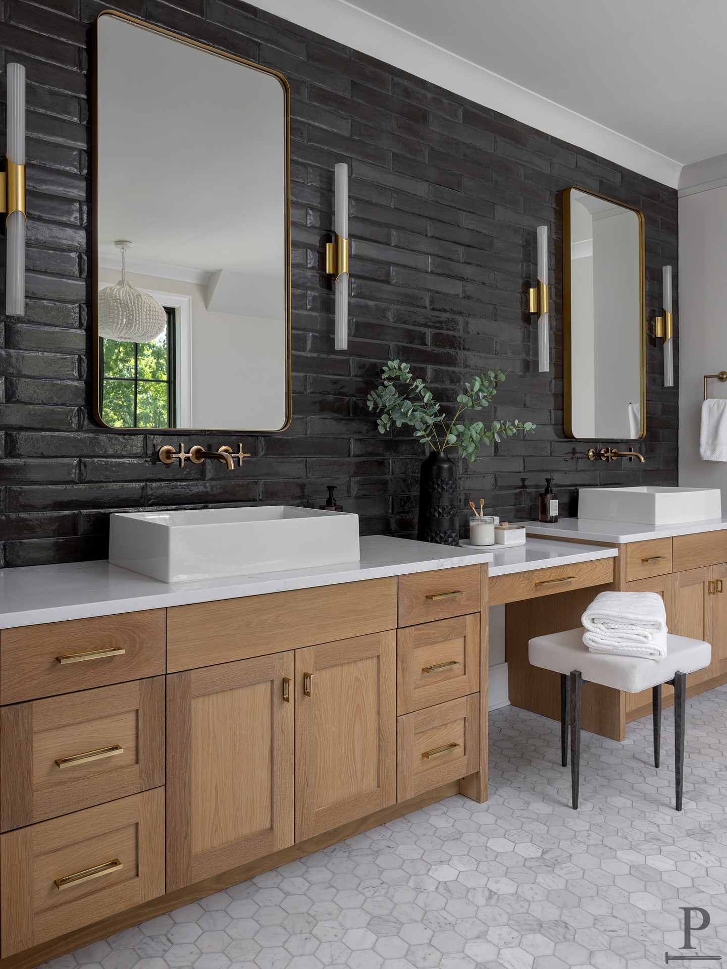 The primary bath at 4110 Melchor hits different. ✨
Black glazed brick tile accent wall, white oak, vintage brass — it's the kind of room you don't want to leave in the morning. 🖤
Move-in ready in Cotswold. DM us to schedule a private showing.