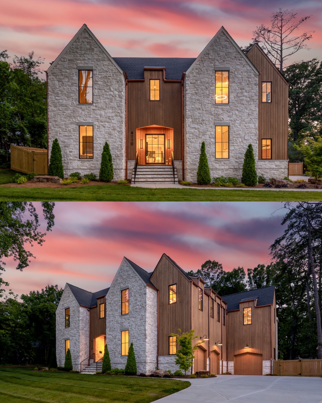 4110 Melchor doesn't wait for daylight to make an impression. Stone and cedar siding trade off across the facade, copper gutters catching just enough of that sunset to look intentional rather than lucky. Around back, the whole rear wall opens up. Living room, fireplace, dining, all sitting right at the edge of the yard with the doors thrown open.
This is a house that photographs well because it was built well first. 🍂
Tour it before the sun sets on this one.