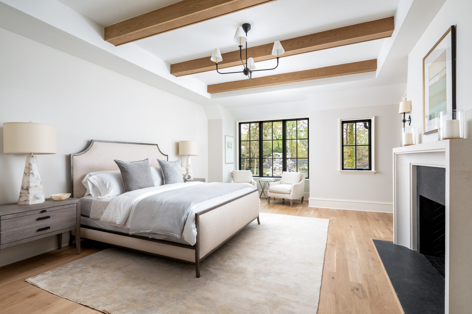 primary bedroom charlotte custom home builder with fireplace